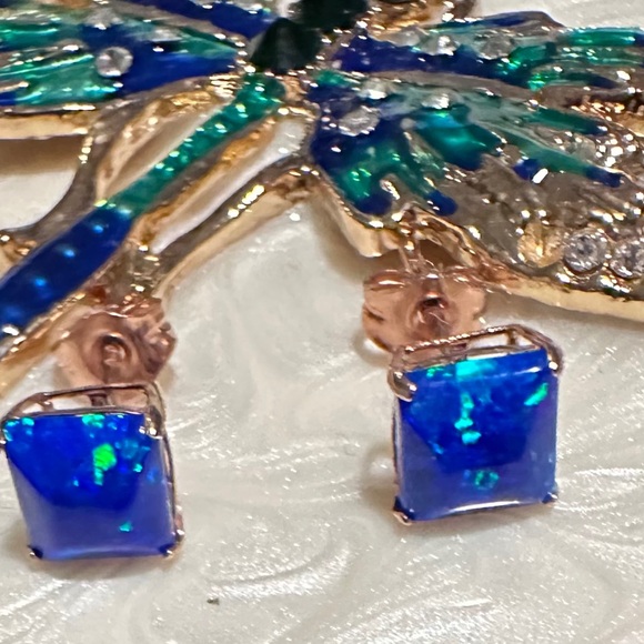 Jewelry - 14K solid Rose Gold Genuine .98ctsBlue Opal Princess Cut Stud Earrings